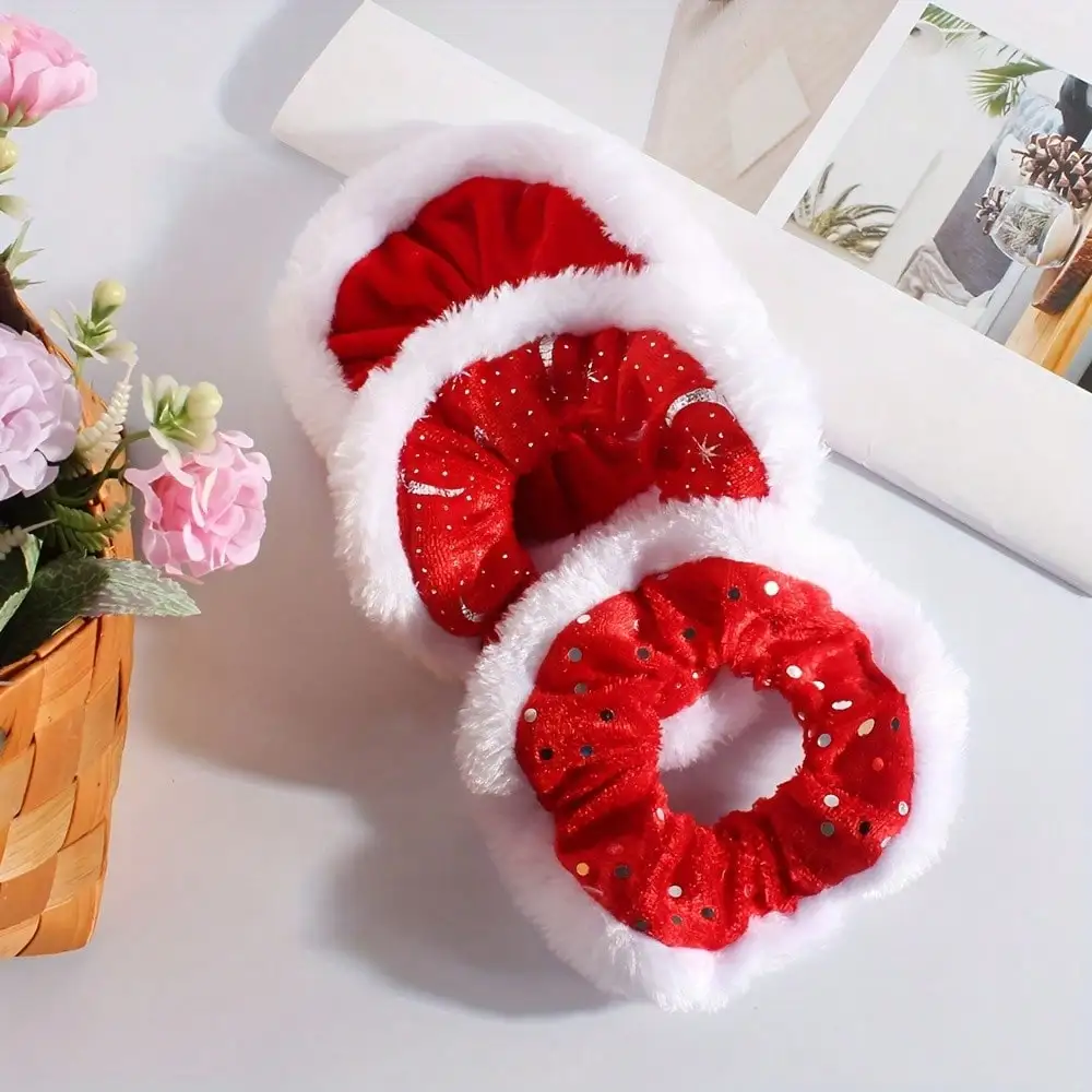 

1 Piece New Christmas Large Thick Patchwork Plush Fabric Polka Dot Star Moon Red Scrunchie Festival Party Fashion Women Hair Tie Hair Accessory