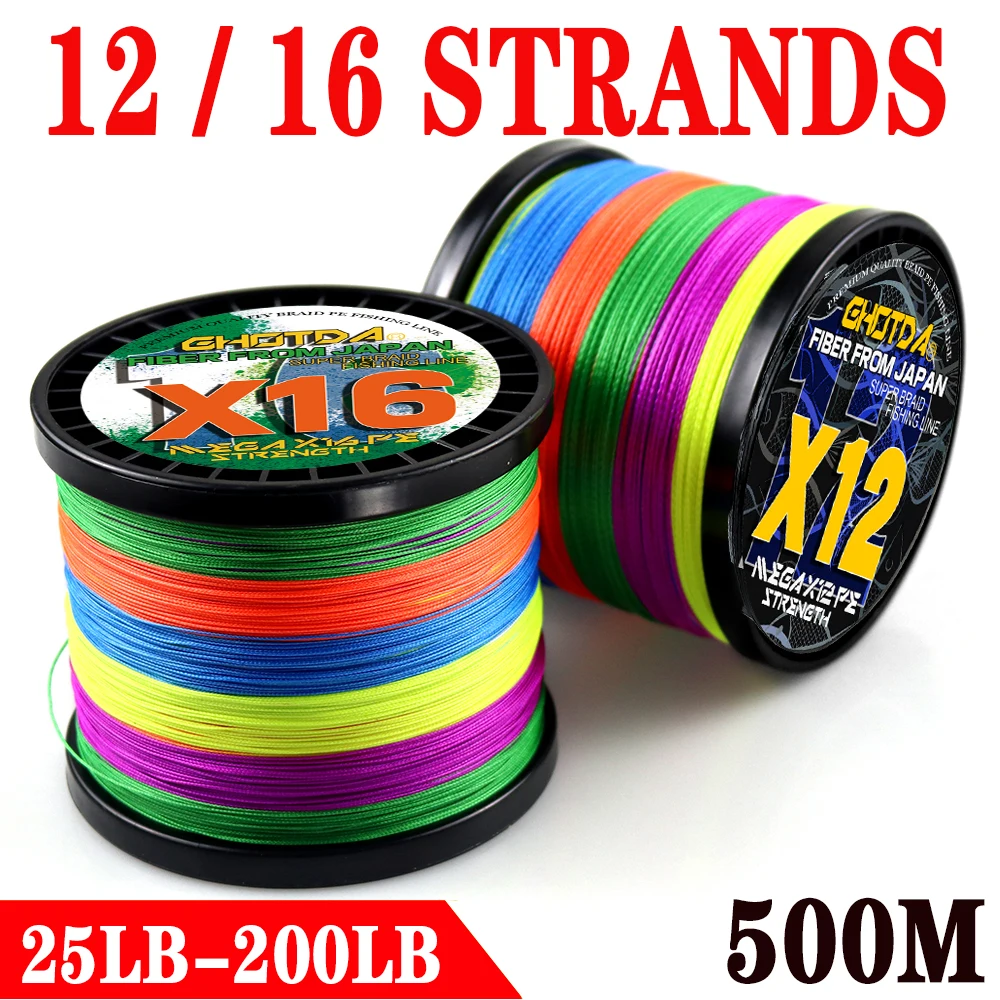 500M 12/16 Strands PE Braided Fishing Line Multifilament Lines Super Strong Fishing Cord 25 40 50 60 80 100 120 140 160 200LB