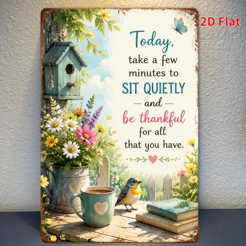 Decorative Sign 2D Flat, [2Dflat], 1pc 11.81X7.87Inch Sit Quietly And Be Thankful Plaque, Inspirational Floral Decorative Sign,