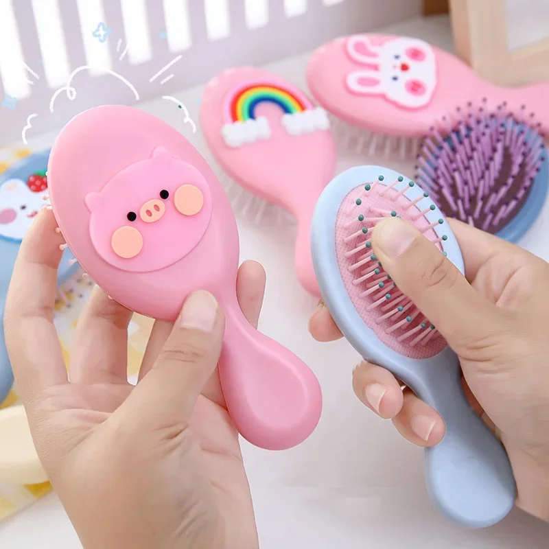 Sikat rambut Mini portabel, sisir pemijat kecil Anti sekrup, bantalan udara kartun lucu, sisir sikat rambut untuk anak perempuan, alat perawatan