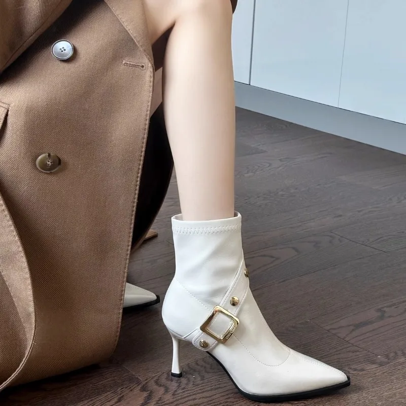 

2025 New Women's Pointed Tip Stiletto Heels Boots British Stylehigh Quality Soft Leather Fashion Women's Boots Botas Para Mujer