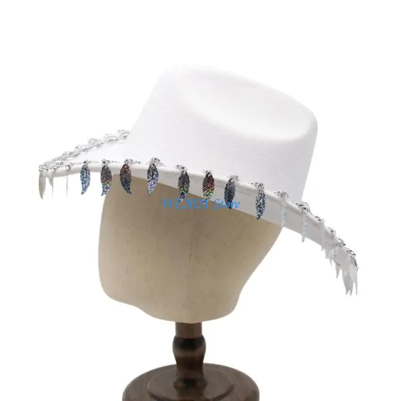 

G5GC Womens Vintage Wide Brim Hat Tassels Cowgirl Hat Fringe Fedora Hat Party Prop