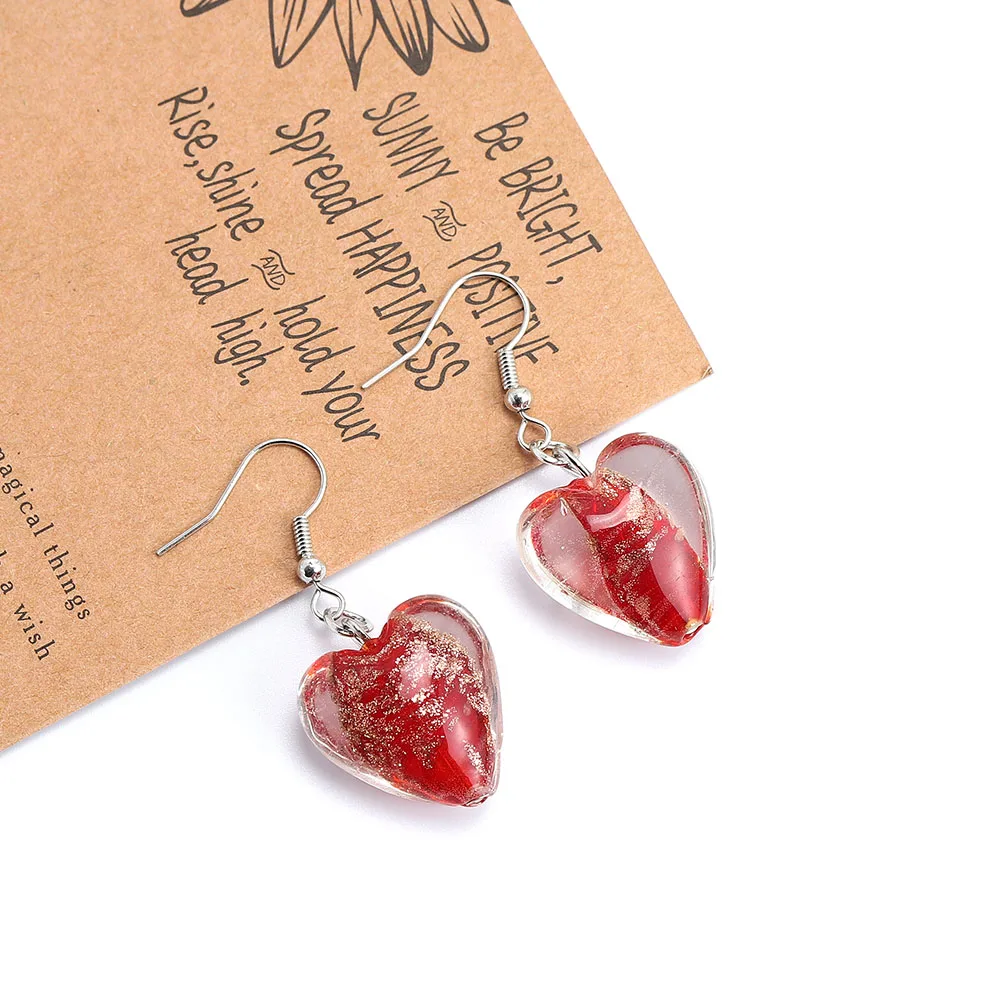 Qianbei Color Hand-made Murano Glass Gold Sand Women\'s Romatic Silver Plated Classic Dangle Heart Earrings