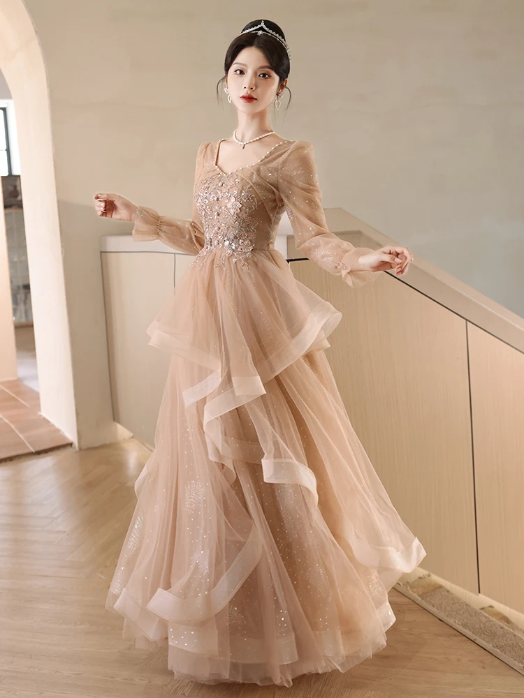 Beadding Square Collar Evening Dress Women\'s Light Luxury Sequin Long Dresses 2023 New Winter Long Sleeve Tulle A-line Prom Gown