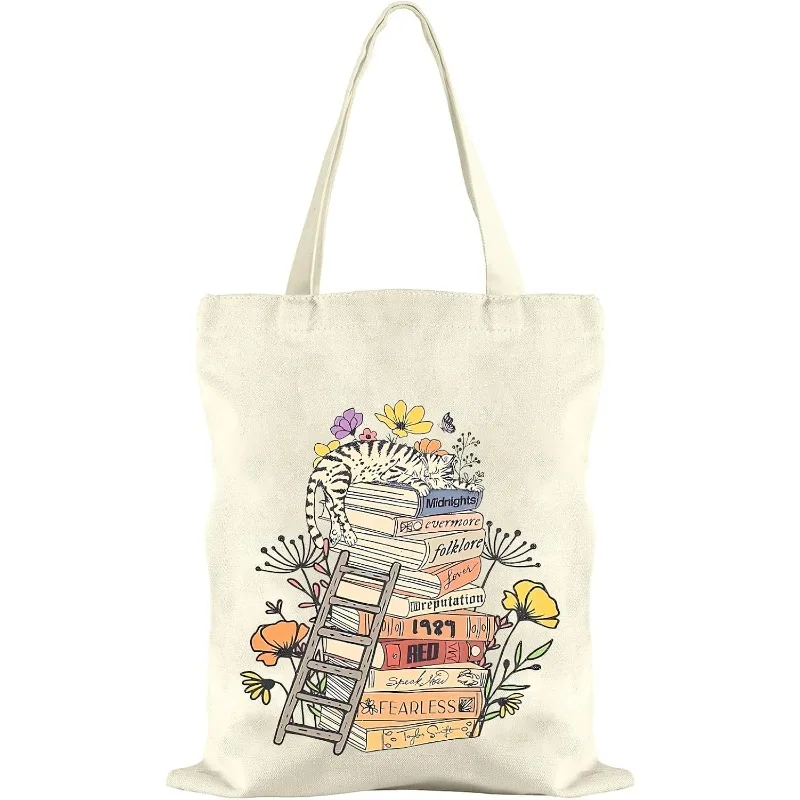 Cute Cat Sleeping On Stacked Books Floral Print Canvas Tote Bag Large Capacity Reusable Shoulder Shopping Handbag