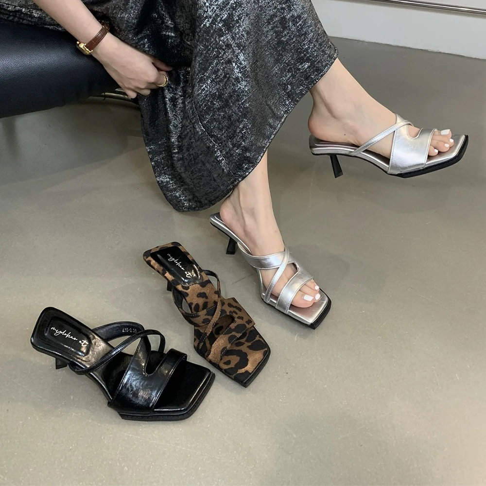 

Women's Strappy Heeled Sandals Stiletto Mules Square Open Toe Kitten Heels High Heels Slip on Sandals Slippers Slingback Shoes