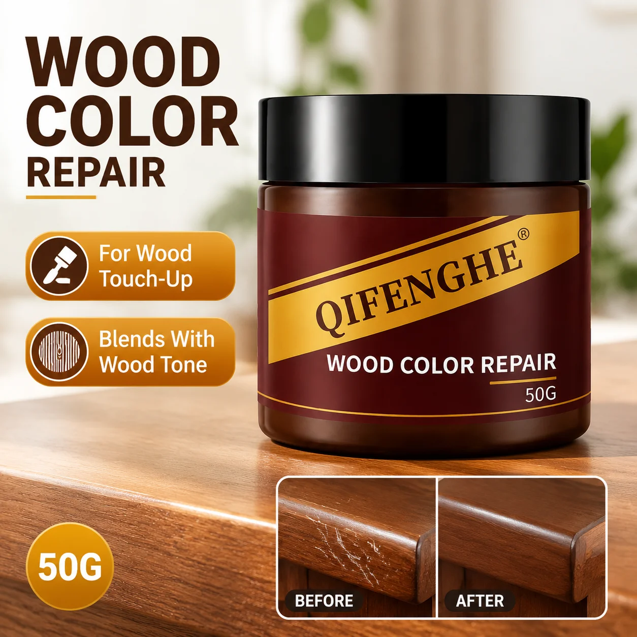 QIFENGHE Wood Color Repair Paste 50g Furniture Repair Cream for Wood Scratches Scuffs Color Loss Touch Up Restore Wooden Surface