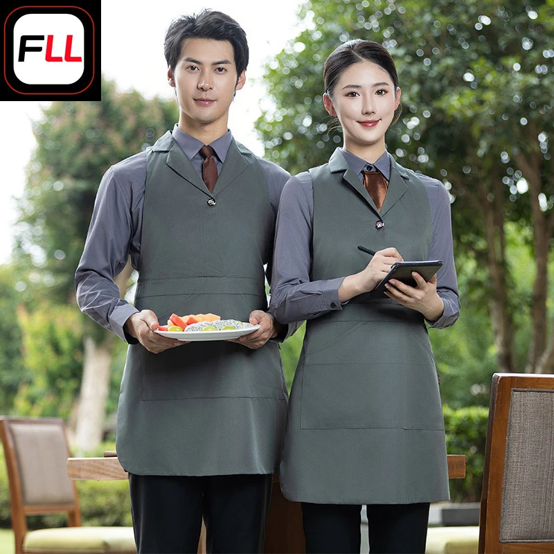 

Restaurant waiter workwear, double-layer apron, tea house catering clothing, restaurant men's and women's spring and autumn atti