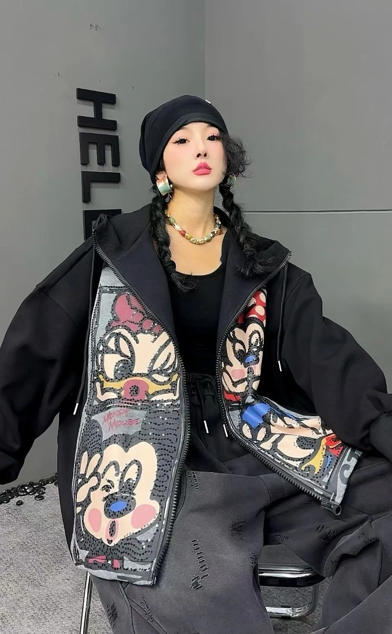 American Casual Retro Cartoon Sequin Zipper Hooded Sweatshirt Loose Fit Long-sleeves Top Casual Jacket Kawaii Clothes Hoodies