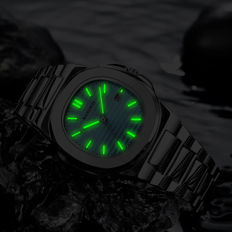 BANGWEI Fashion Square Quartz Man Clock Waterproof Luminous Date Stainless Steel Watches For Men Luxury Business Men Wristwatch
