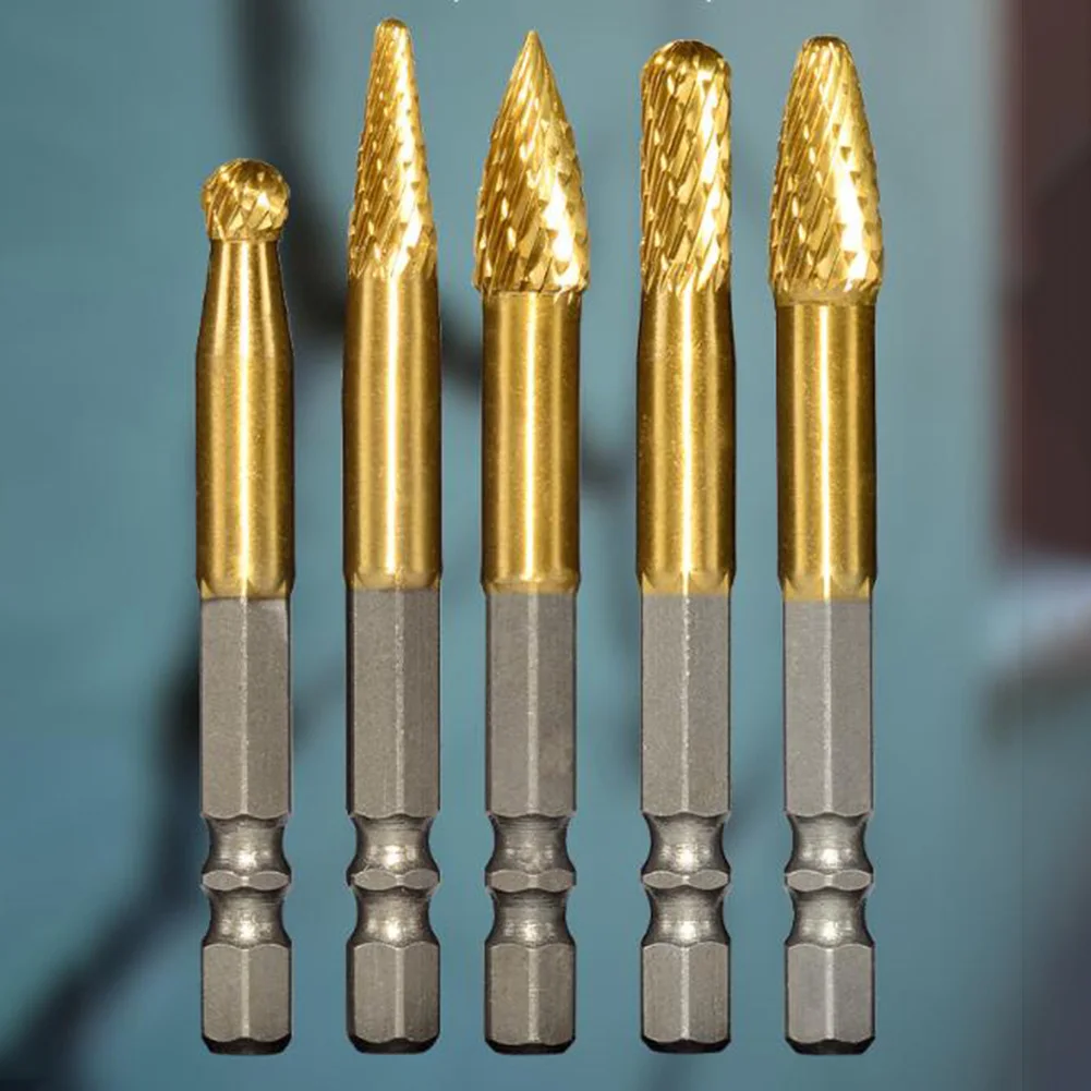 5 pçs arquivo rotativo broca 1/4 Polegada hexágono haste carboneto arquivo rotativo rebarbas gravura moagem polimento para metal madeira