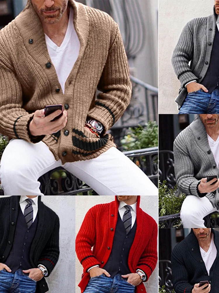 

American Sle Casual Comfortable Men's Knitted Sweater Button up f High Collar Long Sve Jaet Polyester Fiber