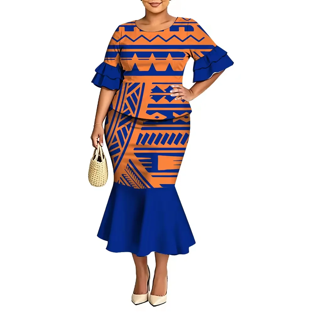 Women Hot Custom Plus Size 2 Piece Puletasi Set Polynesian Tribal Pattern Orange Blue Ruffle Sleeve Top Mermaid Hem Long Skirt