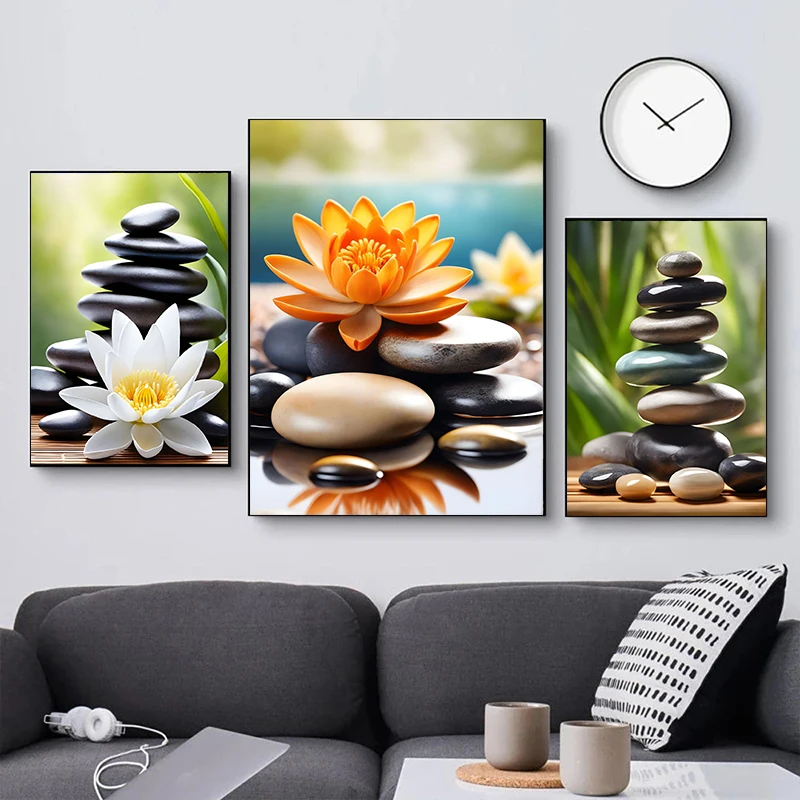 Pink Lily Tranquility Spa Zen Stone Posters Prints Canvas Painting Wall Art Bathroom Picture Stone Scene Room Home Decoration