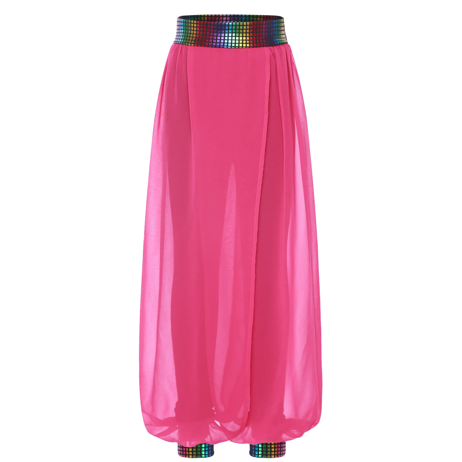 

Kids Girls Belly Dance Pants Elastic Waistband Patchwork Metallic Chiffon Pants for Party Jazz Dance Cheerleading Competition