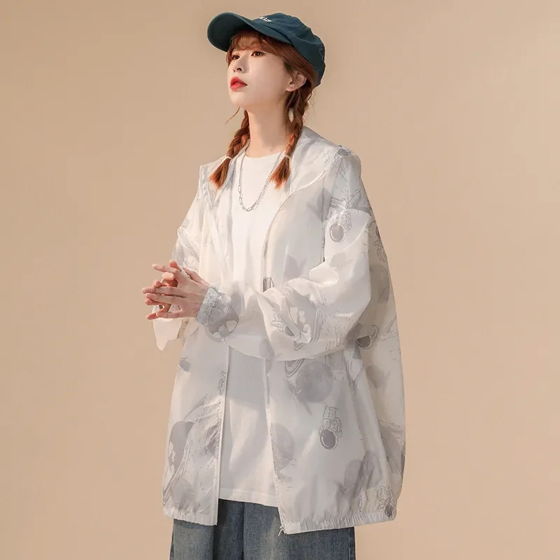 Women's White Anime Print Sun Protection Jacket Oversized Hooded Lightweight Casual Outerwear