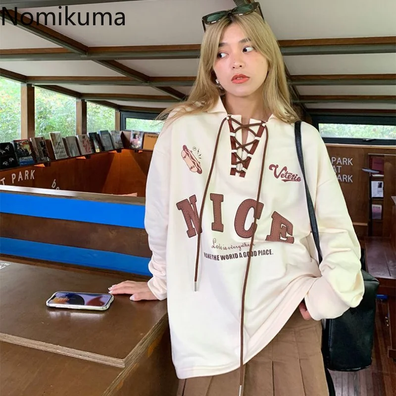 Nomikuma البلوز ربيع الخريف التباين اللون رسالة طباعة فضفاض الجمالية سوداديراس موضة Harajuku Preppy Y2k الشارع الشهير