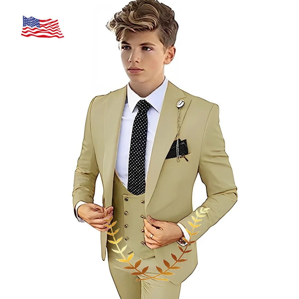 

Boys Suit for 2-16 years old Children's Wedding Tuxedo Gold Buttons 3-piece Set Jacket Vest Pant Customized Suit