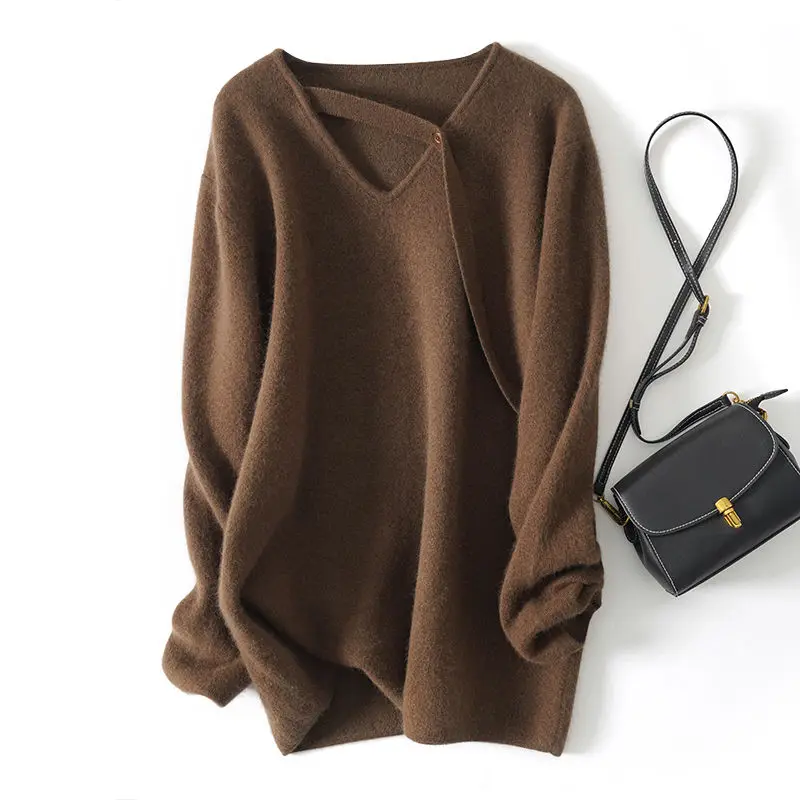 

New Autumn and Winter Mid-length V-neck Pullover Design Knitted Sweater Loose Inner Sweater for Women