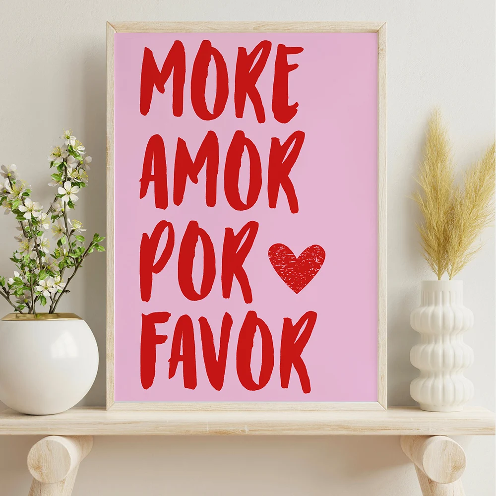 Maximalist More Amor Por Favor Poster Colorful Eclectic Pink Love Quote Wall Art Canvas Painting For Living Room Home Decor