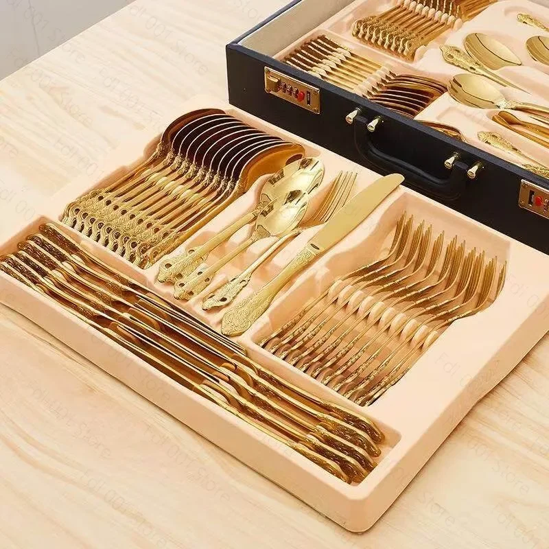 72‑Piece Retro Court Style 304 Stainless Steel Western Knife Fork Spoon Cutlery Set with Leather Storage Case