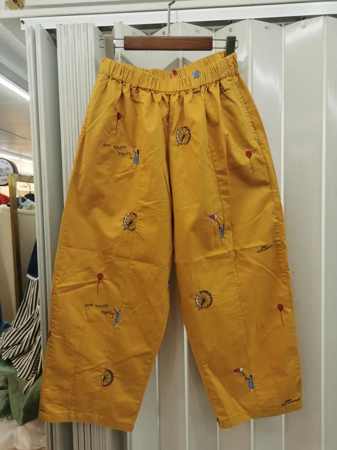純粋な綿刺繍弾性ウエストストレートレッグカジュアルパンツ快適なルーズフィット 7 分の 1 夏新到着