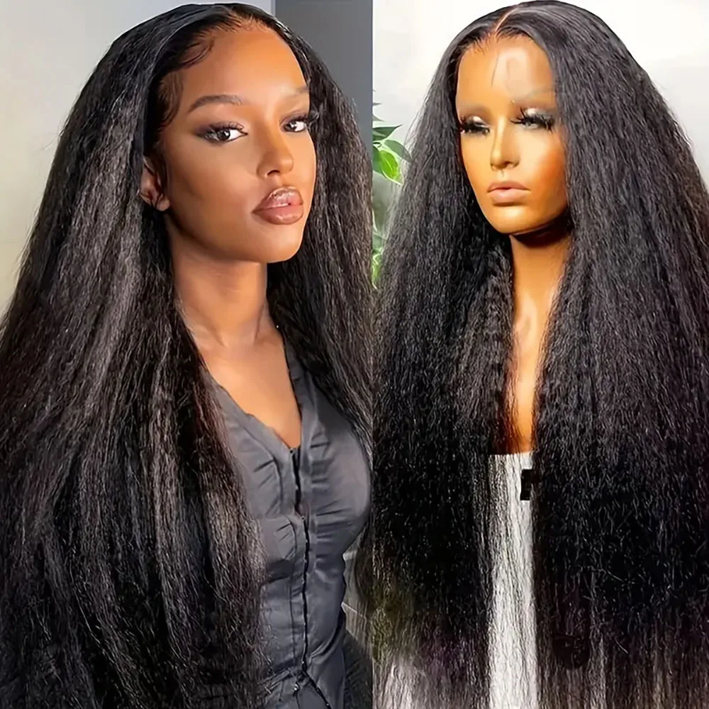

13x4 Transparent 220Density Lace Front Wigs Human Hair Kinky Straight Natural Color 5x5 Pre Plucked Lace Frontal Wig For Women1B