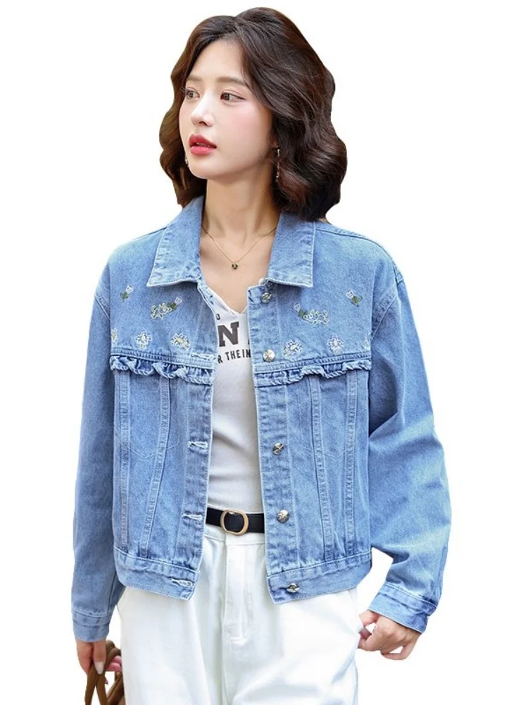 Korean Sle Fre Embroidered ort Denim Jaet Women's Autumn Faion Design Unique Top Trendy Button up Casual Coat