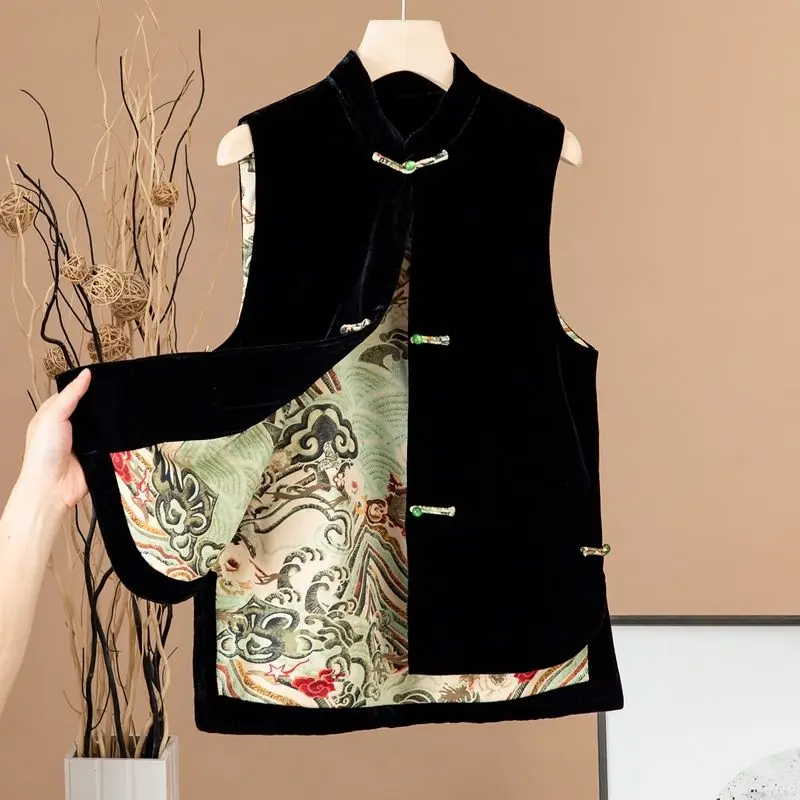 

2024 chinese style solid color vest autumn winter new stand-up collar button fork vest chinese vintage style women retro vest