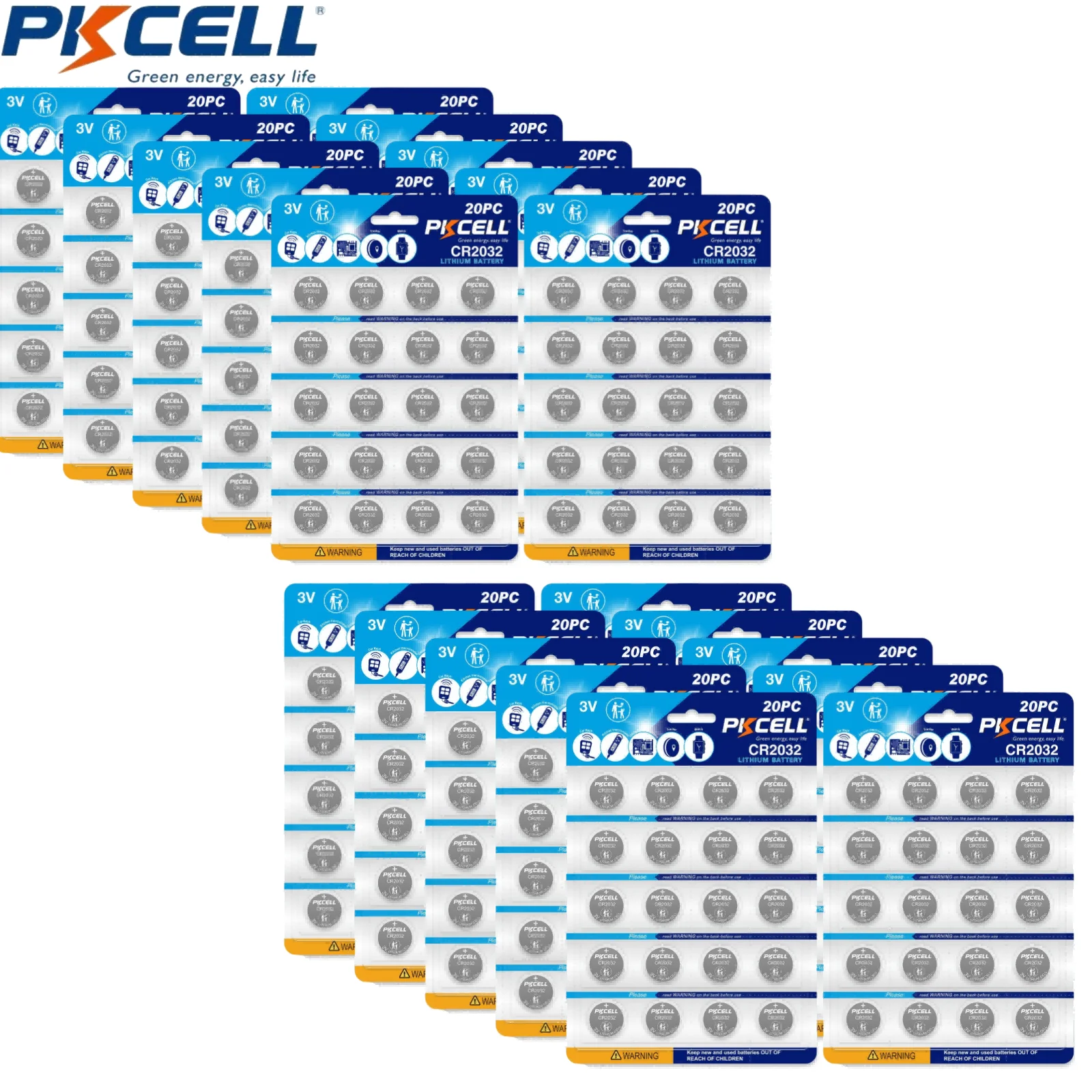 PKCELL 400PCS/20Card CR2032 Lithium Coin Cell Batteries 3V CR2032BP DL2032 Lithium Coin Battery for Small Electronic Devices