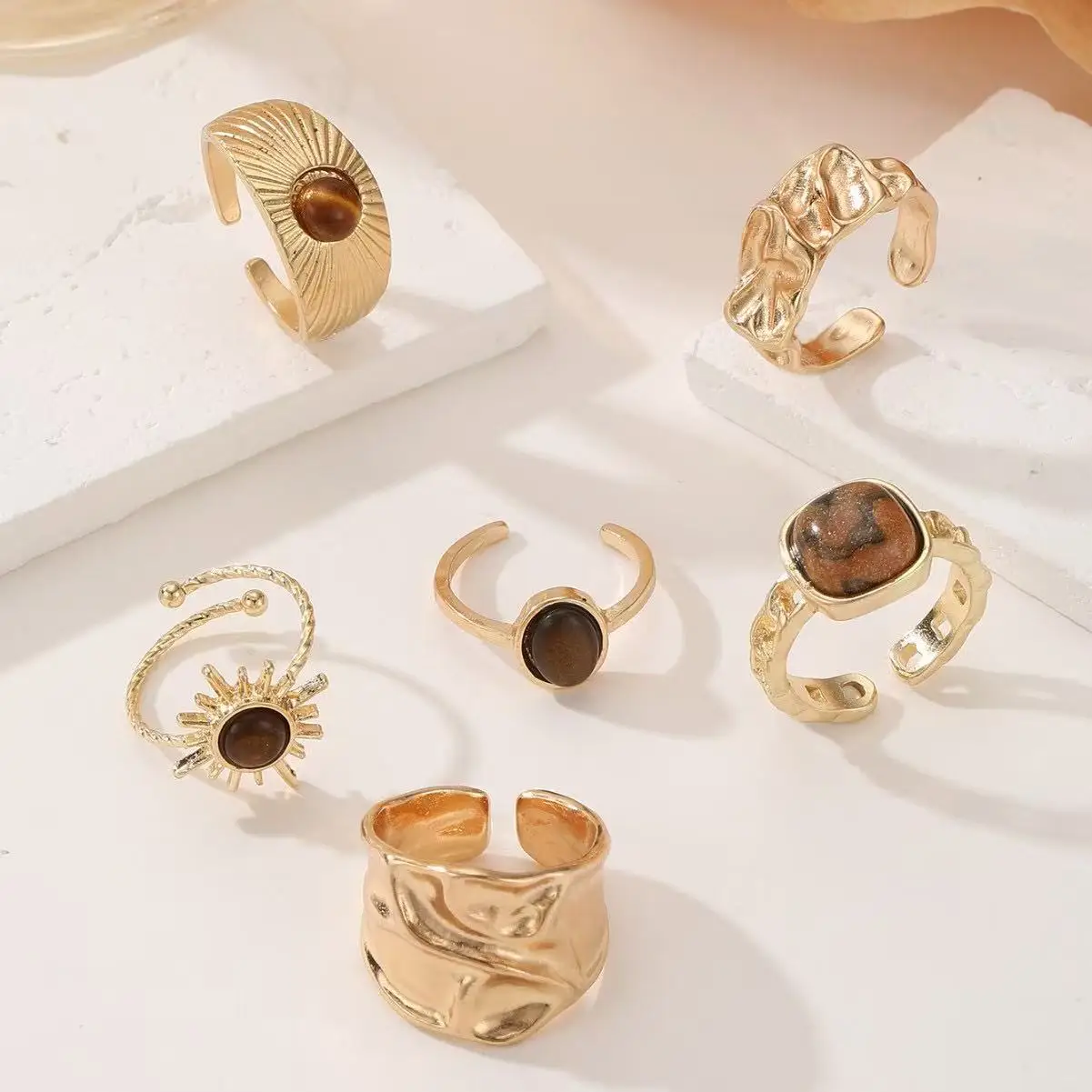 6pcs Sunflower Tiger Eye Stone Ring Set for Women Vintage Irregular Gold Color Aesthetic Open Rings Fashion Party Jewelry Gifts - view 4
