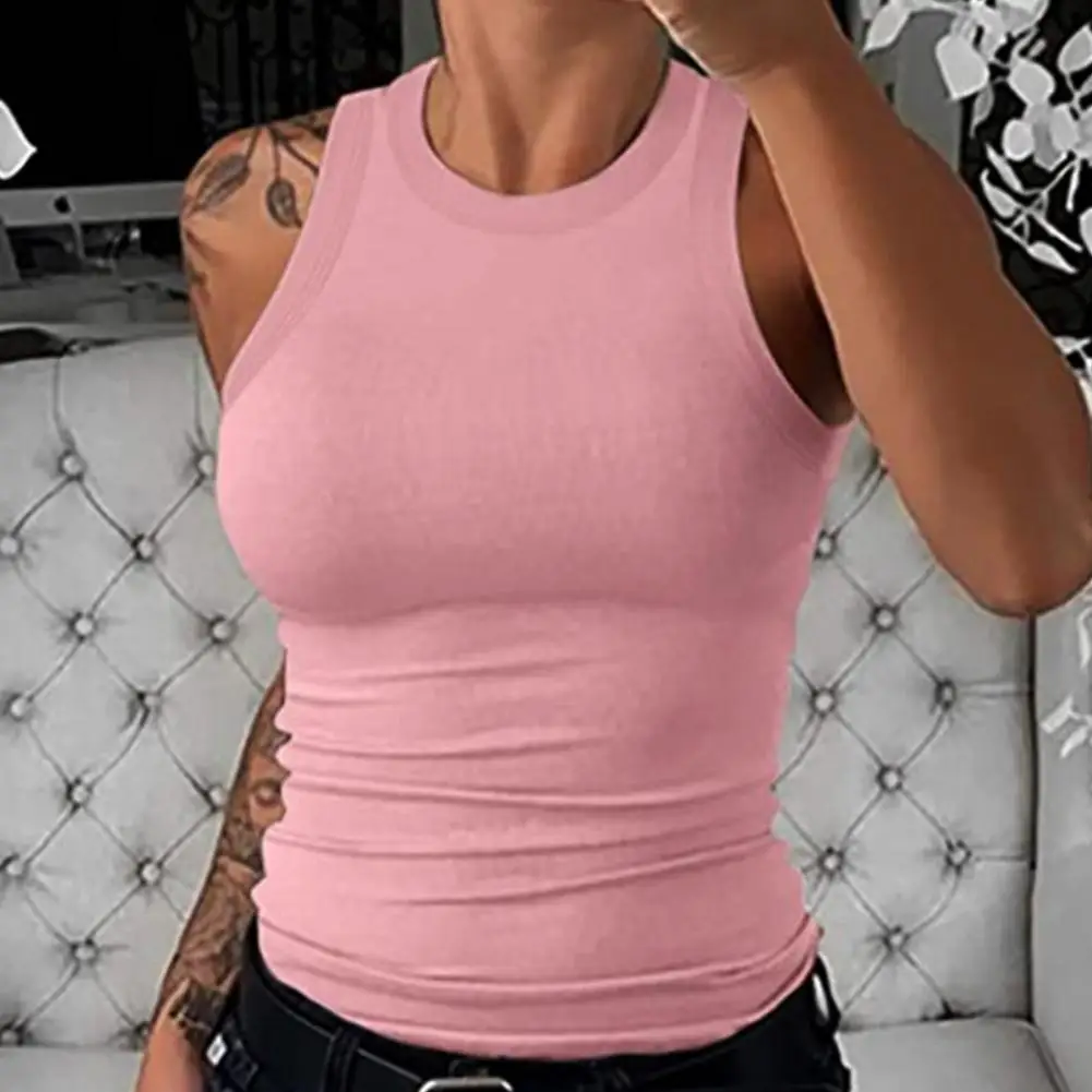 Attractive Crop Vest Women Round Neck Short Slim Ribbing Tank Top  Tank Top Breathable