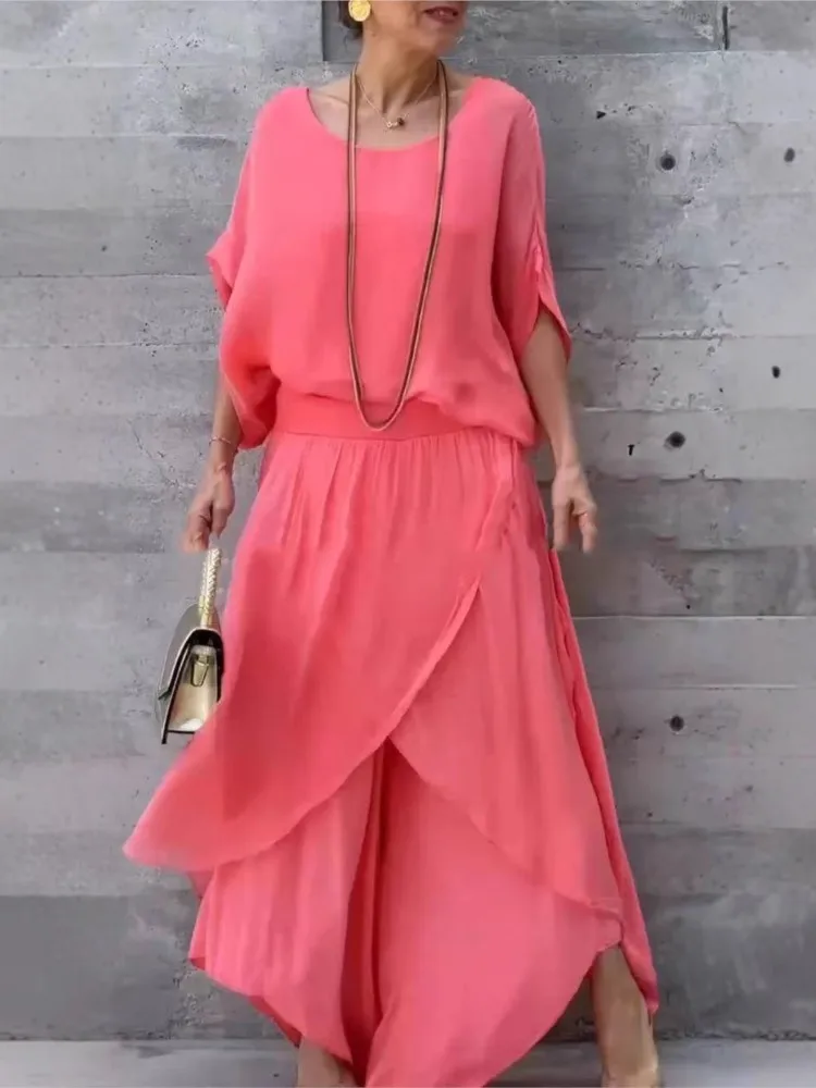 

Fashion O-neck Half-sleeved Top + Irregular Wide-leg Pants 2-piece Set For Women Elegant Summer Solid Color Casual Suit Female