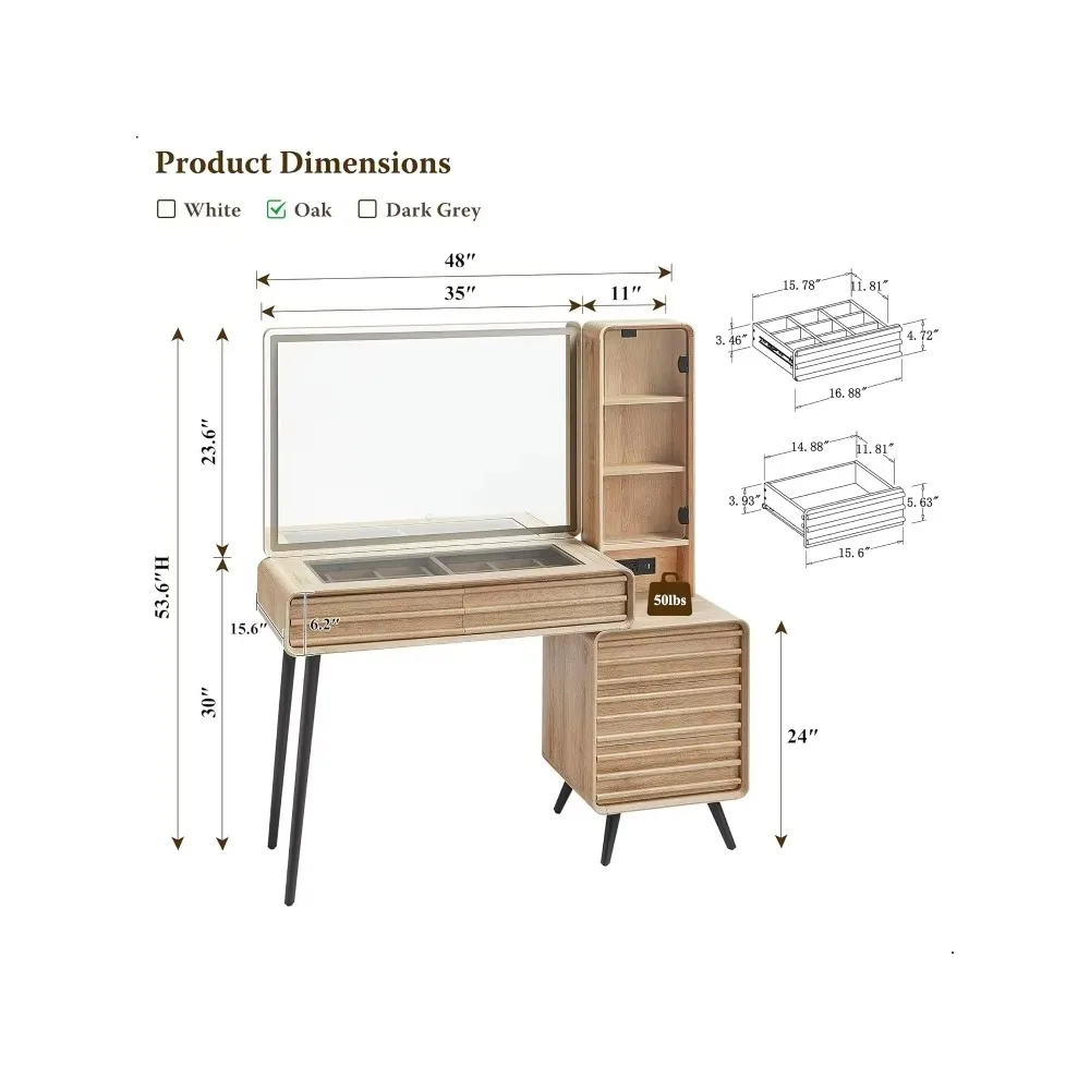 Mid Century Modern Glass Top Vanity Table with 5 Drawers & Adjustable Shelf, Dressing Table with Charging Station