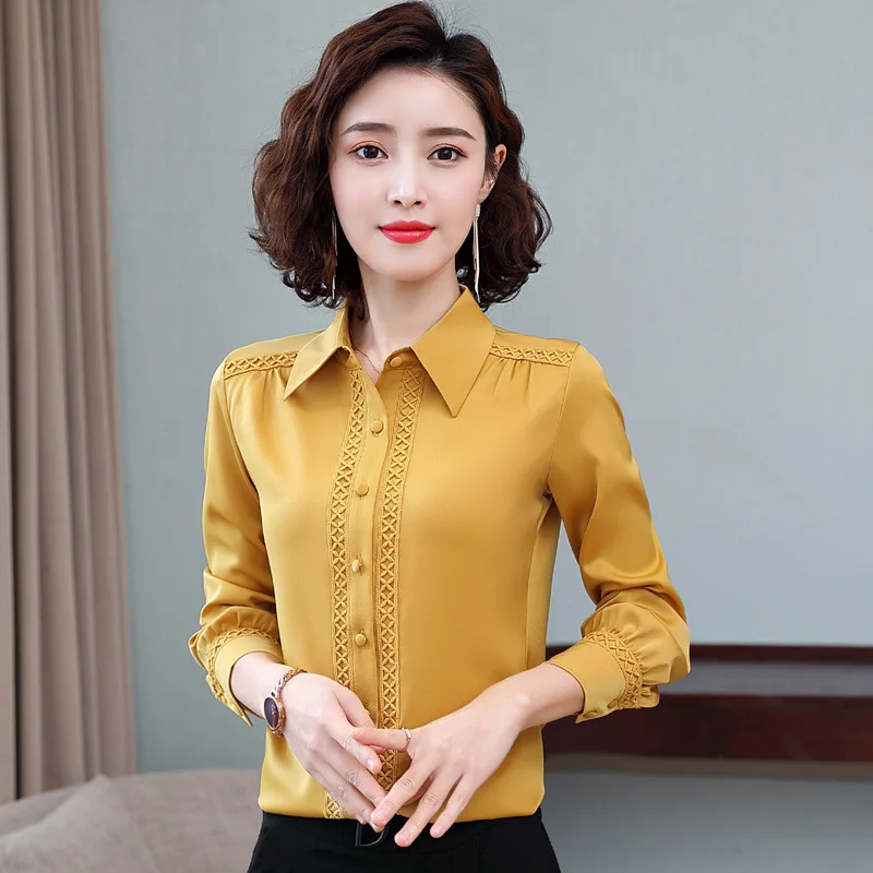 Spring Fall Women 2023 Shirts Office Female White Lace Jacquard Patchwork Collared Button Up Long Sleeve Chiffon OL Blouses Top