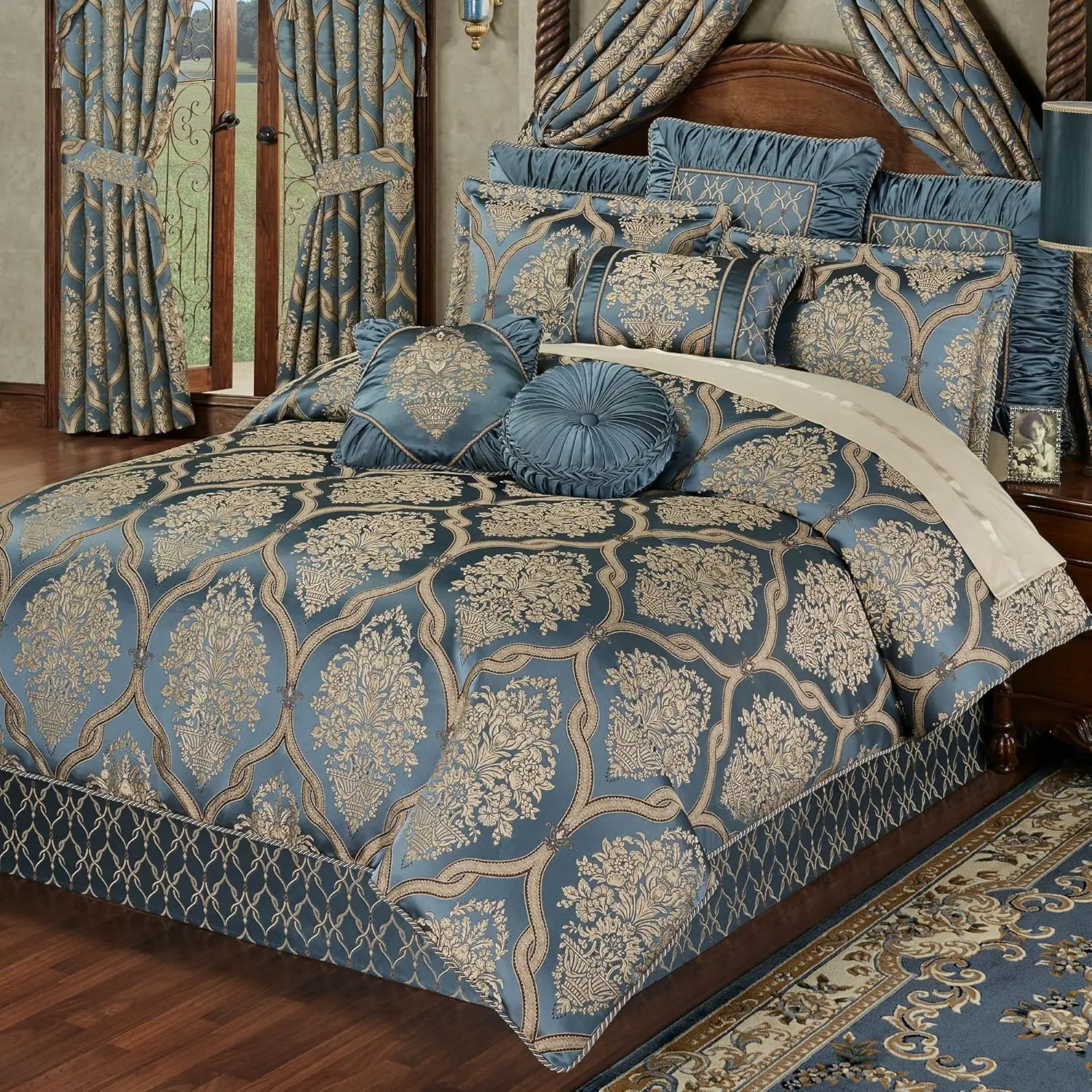 

Luxurious Castleton Bedding | Sophisticated Jacquard Woven Damask Medallion Quatrefoil | Steel Blue, Light Gold, Chocolate | 4