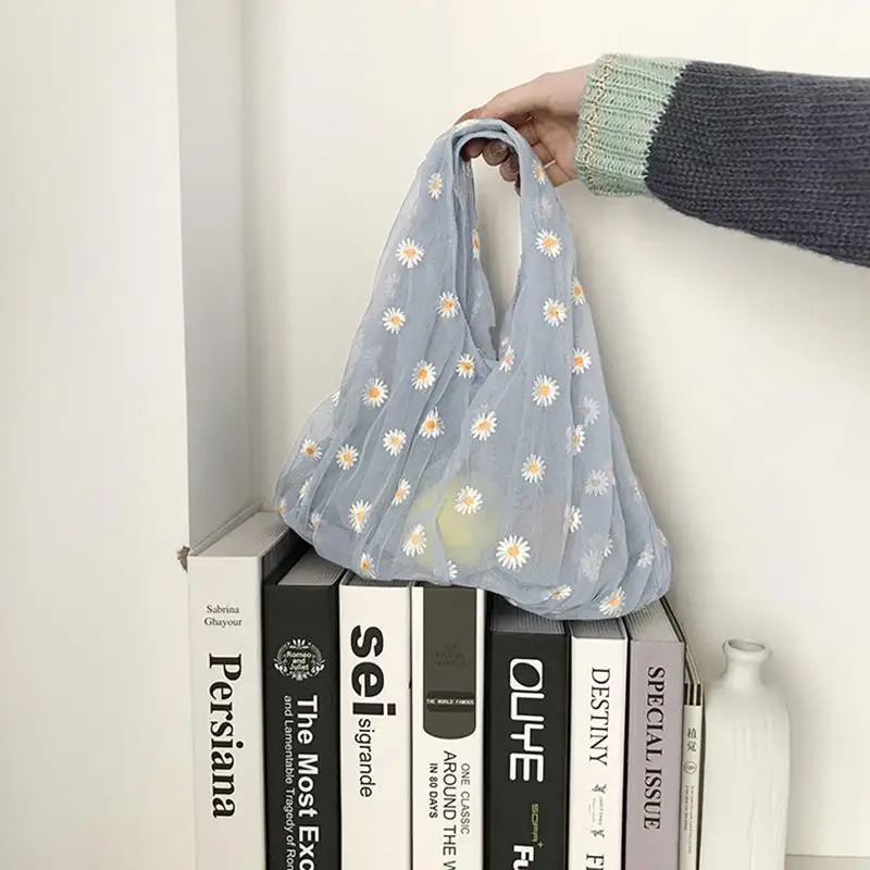 

1 шт., женская маленькая прозрачная сумка-тоут из сетчатой ткани, сумка с вышивкой ромашки, качественная эко-сумка с фруктами, маленький декоративный кошелек для девочек