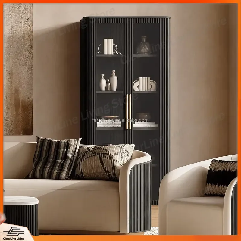 American Style Solid Wood Display Cabinet 2 Glass Doors Corrugated Decoration Living Room Storage Shelf Modern Home Furniture