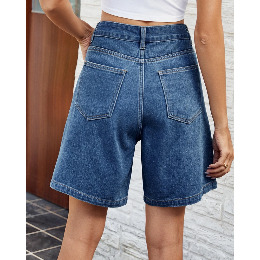 الصيف النساء الخصر غسلها الدينيم السراويل أزياء Ruched مستقيم الساق الجينز جيوب السراويل القصيرة