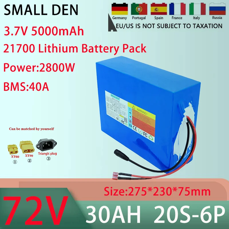 Lithium Battery Pack, 72V, 30AH, 20S6P, 21700, 40A, BMS, 100-3000W, High-Power Rechargeable Battery, 84V, 5A Charger, New