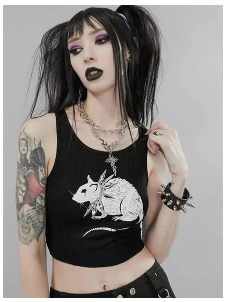 Maus druck schwarz Tank Goth sexy Bodycon kurze Tops Frauen Streetwear Harajuku o Hals gestrickt Basic Tank Top