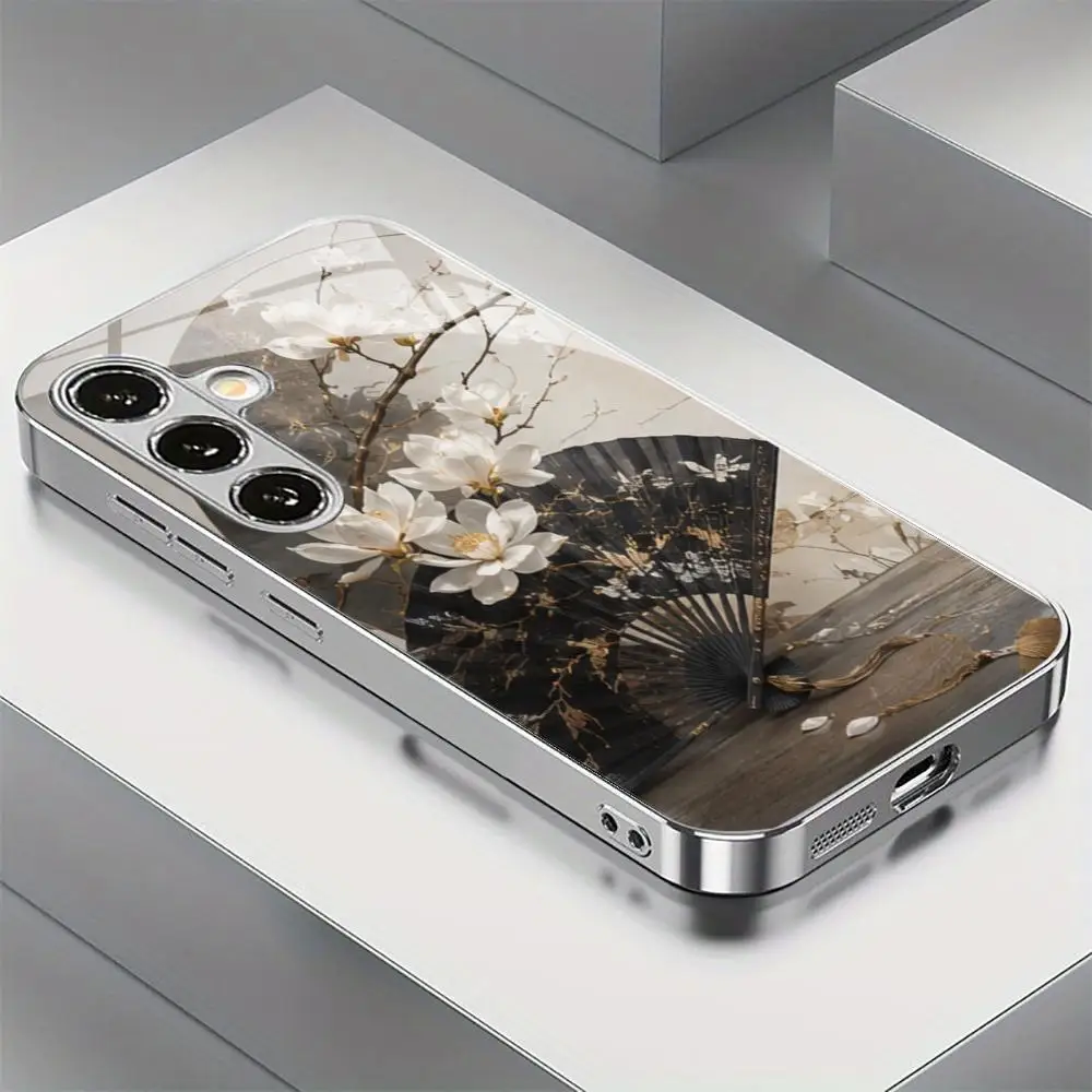 Chinese Classical Aesthetic Magnolia Flower Silver Glass Phone Case For Samsung Galaxy S26 S25 S24 S23 S22 Ultra Plus Hard Cover