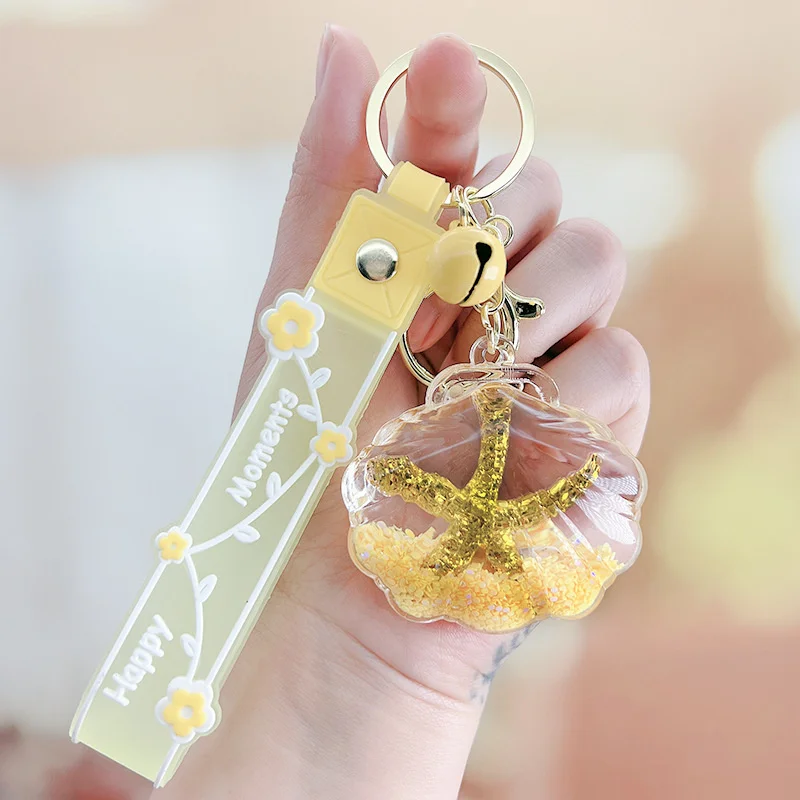 Creative Acrylic Quicksand Starfish Into Oil Shell Key Chain Cute Couple Bag Pendant Keyfob Floating Liquid Sakura Keychain Gift