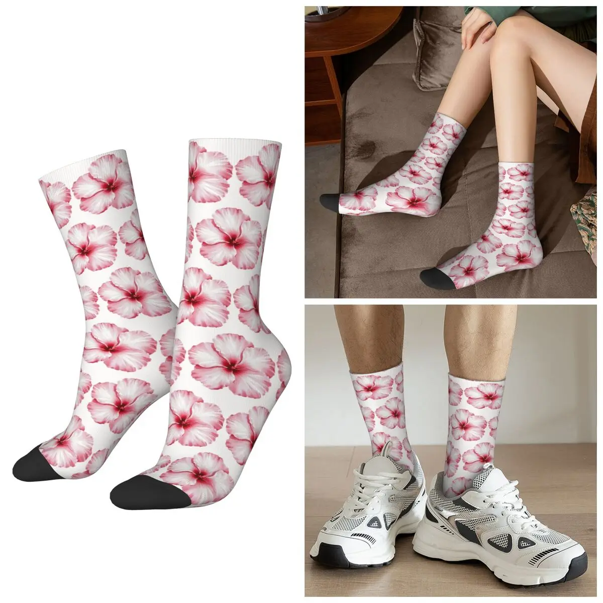 

All Seasons Pink Hibiscus Socks Harajuku Sport Middle Tube Socks Hip Hop Stockings for Men Women Christmas Gifts