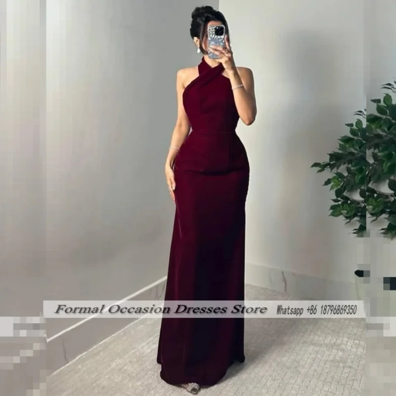 

Formal Burgundy Evening Dresses Halter Backless Wedding Reception Dress Dubai Mermaid Prom Party Gowns For Women Customized