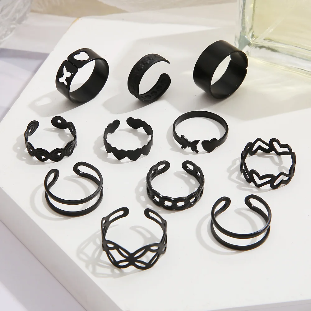 11pcs/set Hollow Heart Butterfly Rings Set For Women Vintage Metal Black Color Geometric Finger Ring 2023 Trendy Jewelry Gifts