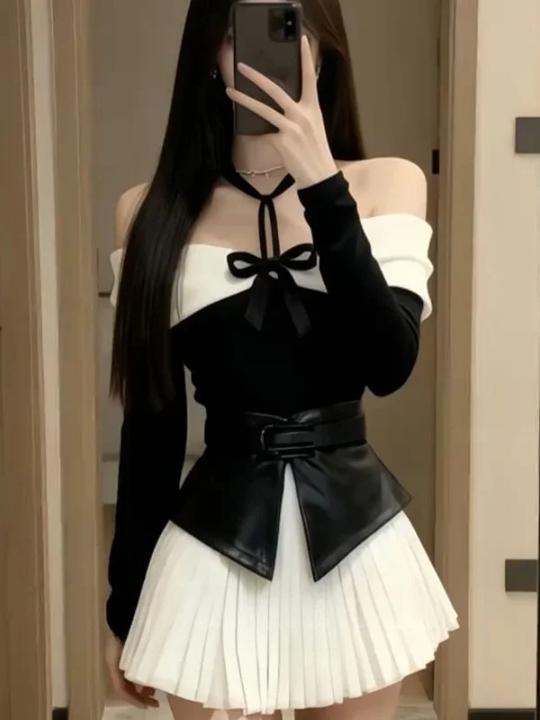 

High Waist PU Leather Plaid Long Sleeve Women's Fashion Set with Knot Skirt And Shirt for Autumn Winter