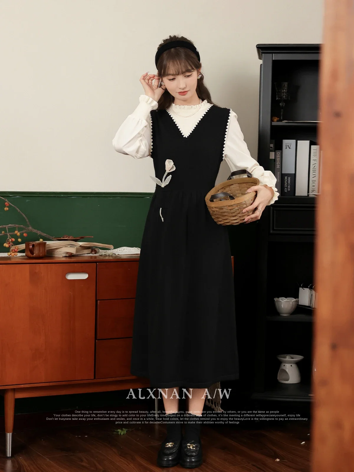 

ALXNAN Autumn Elegant Fake 2 Piece Long Sleeve Dress for Women 2024 Fashion Commuter A-line Patchwork Midi Dresses LXN32387