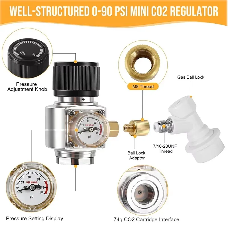 5/8-18UNF Thread Mini Co2 Charger, 0-90PSI Co2 Gas Pressure Regulator with Ball Lock Disconnect,Aquarium Fits 74g Co2 Cartridge