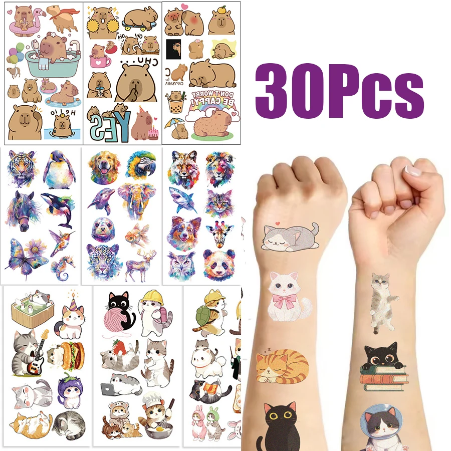 

30 шт., милые акварельные татуировки с изображением кота, водонепроницаемые наклейки для фестиваля, вечеринки, детские татуировки, забавные наклейки для лица, Gif